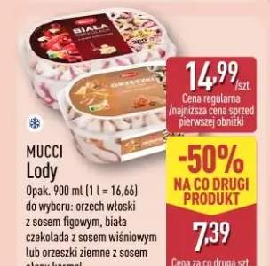 Lody do wyboru: orzech włoski z sosem figowym, biała czekolada z sosem wiśniowym lub orzeszki ziemne z sosem słony karmel