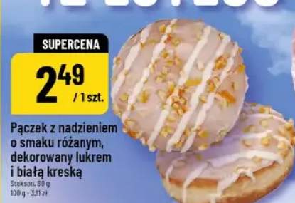 Pączek z nadzieniem o smaku różanym, dekorowany lukrem i białą kreską