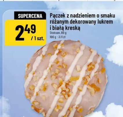 Pączek z nadzieniem o smaku różanym dekorowany lukrem i białą kreską