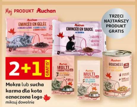 Mokra lub sucha karma dla kota oznaczone logo Auchan