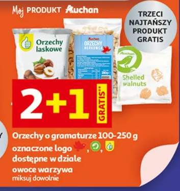 Orzechy o gramaturze 100-250g, oznaczone logo, dostępne w dziale owoce warzywa, miksy dowolne