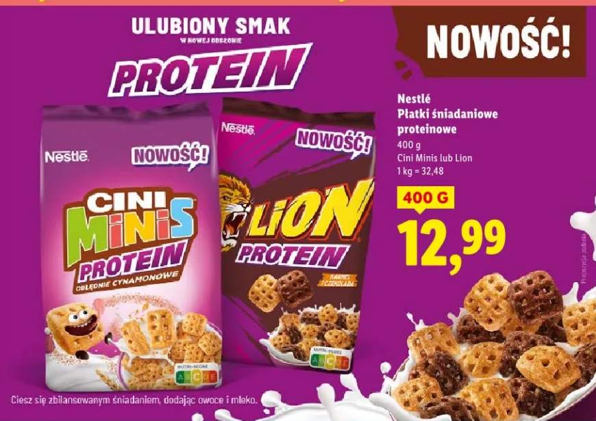 Płatki śniadaniowe proteinowe Cini Minis lub Lion