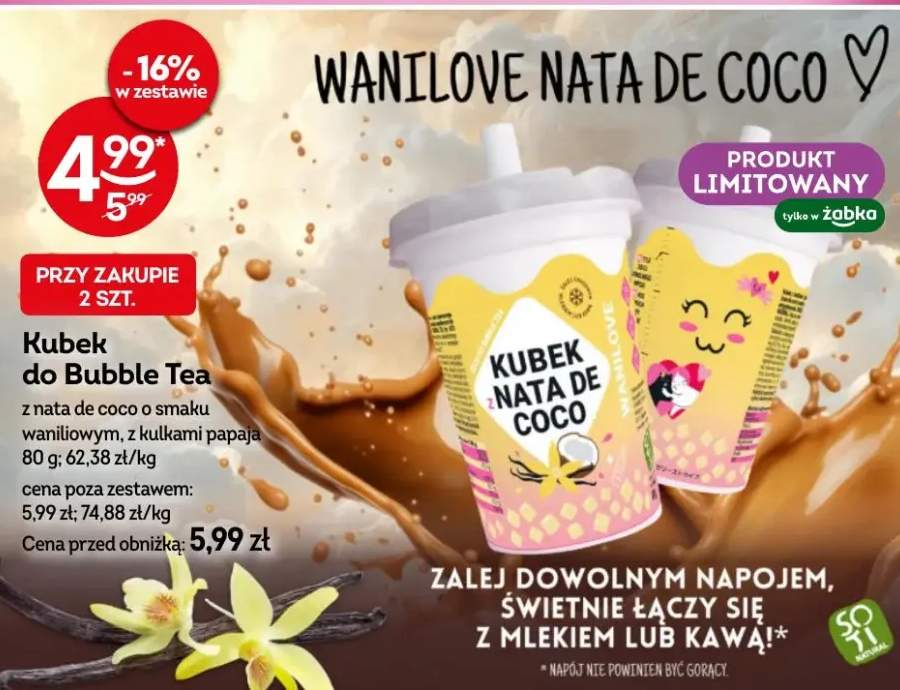 Kubek do Bubble Tea z natą de coco o smaku waniliowym, z kulkami papaja