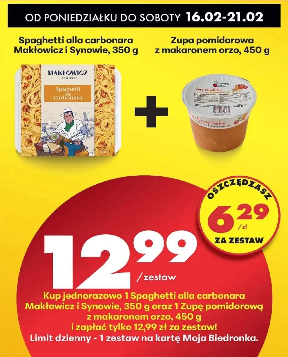 Zestaw: spaghetti alla carbonara + zupa pomidorowa z makaronem orzo