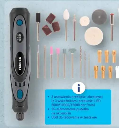 Multiszlifierka precyzyjna z akcesoriami 4 V 3 ustawienia prędkości obrotowej (z 3 wskaźnikami prędkości LED 5000/10000/15000 obr./min), 25-elementowe pudełko na akcesoria, USB do ładowania w zestawie