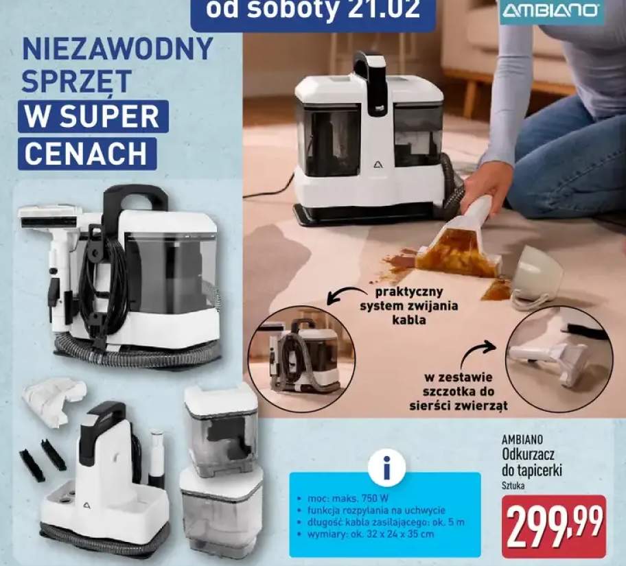 Odkurzacz do tapicerki moc: maks. 750 W, funkcja rozpylania na uchwycie, długość kabla zasilającego: ok. 5 m, wymiary: ok. 32 x 24 x 35 cm