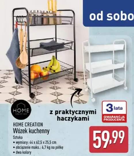 Wózek kuchenny z praktycznymi haczykami wymiary: 44 x 62,5 x 25,5 cm, obciążenie maks.: 6,7 kg na półkę, dwa kolory