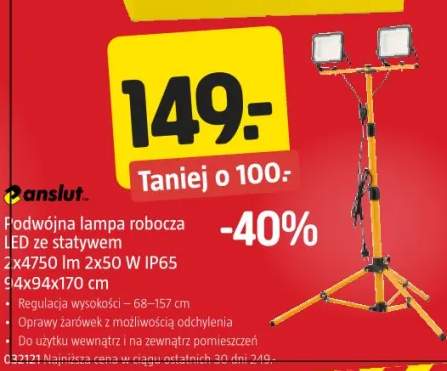 Podwójna lampa robocza LED ze statywem 2x4750 lm 2x50 W IP65 84x94x170 cm Anslut