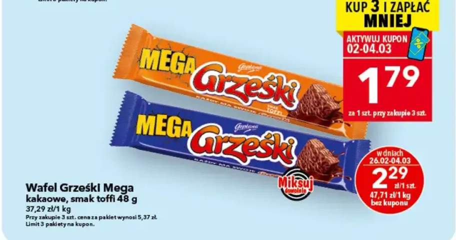 Wafel Grzeski Mega kakaowe, smak toffi