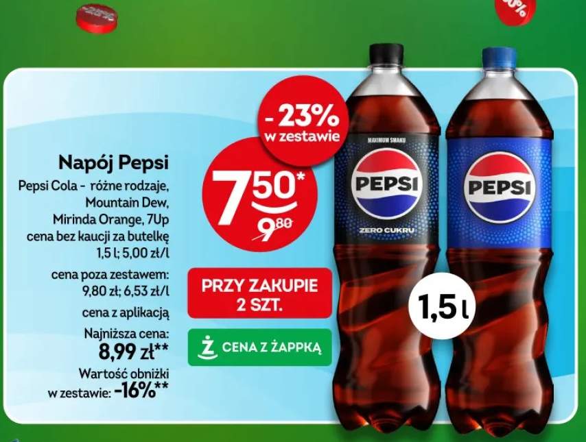 Napój Pepsi różne rodzaje, Mountain Dew, Mirinda Orange, 7Up