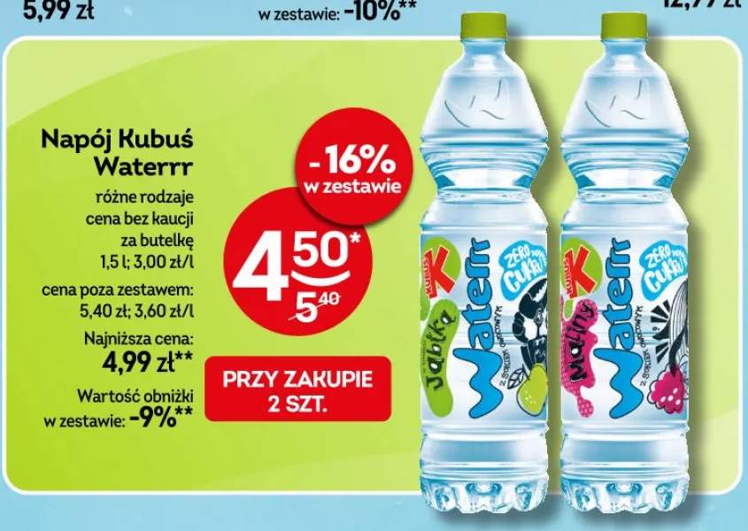 Napój Kubuś Waterrr różne rodzaje cena bez kaucji za butelkę