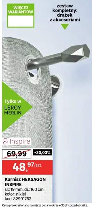 Karnisz HEKSAGON INSPIRE ŚR: 19 mm, dł: 160 cm, kolor: nikiel satynowy