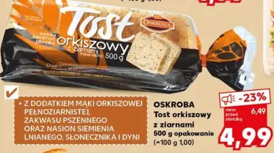 Tost orkiszowy z ziarnami 500g opakowanie