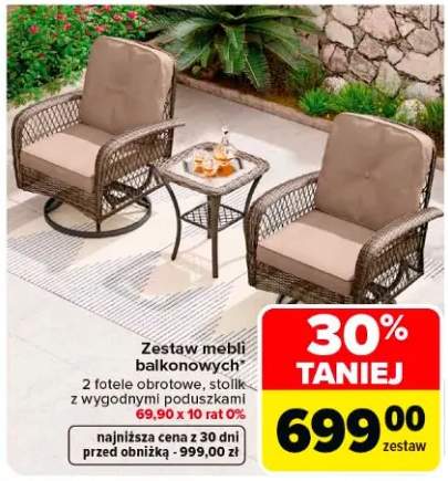 Zestaw mebli balkonowych 2 fotele obrotowe, stolik z wygodnymi poduszkami