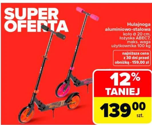 Hulajnoga aluminiowo-stalowa koło Ø 20 cm, rozm. kół: przód 200, tył 180 mm, maks. waga użytkownika 100 kg