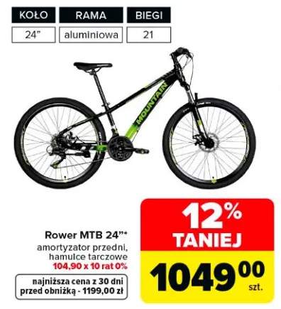 Rower MTB 24" amortyzator przedni, hamulce tarczowe