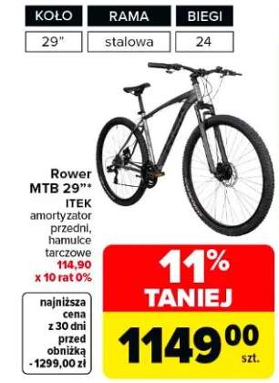 Rower MTB 29" Itek amortyzator przedni, hamulce tarczowe 114,90 x 10 rat 0%