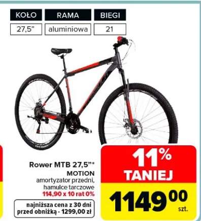 Rower MTB 27,5" Motion amortyzator przedni, hamulce tarczowe 114,90 x 10 rat 0%