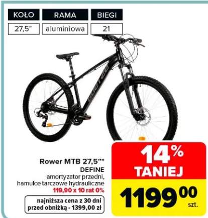 Rower MTB 27,5" Define amortyzator przedni, hamulce tarczowe hydrauliczne 119,90 x 10 rat 0%