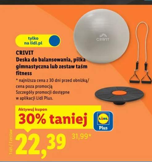 Deska do balansowania, piłka gimnastyczna lub zestaw taśm fitness