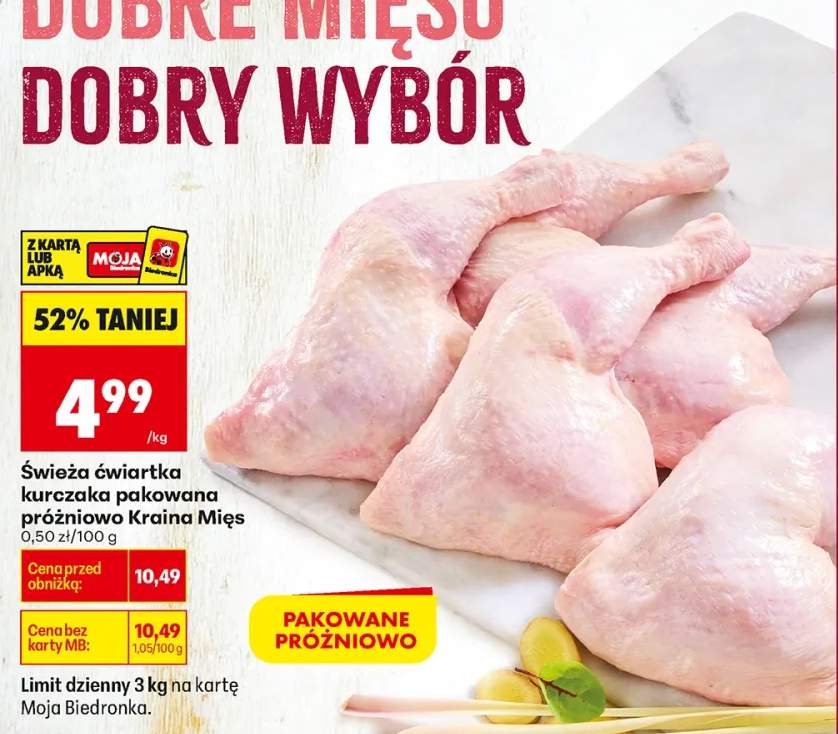 Świeża ćwiartka kurczaka pakowana próżniowo Kraina Mięs