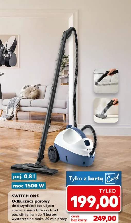 Odkurzacz parowy do dezynfekcji bez użycia chemii, usuwa tłuszcz i brud pod ciśnieniem do 4 barów, wystarcza na maks. 20 min pracy, poj. 0,8 l, moc 1500 W