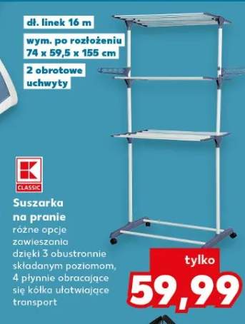 Suszarka na pranie różne opcje zawieszania dzięki 3 obustronnie składanym poziomom, 4 płynne obracające się kółka ułatwiające transport, poj. 14,5 l