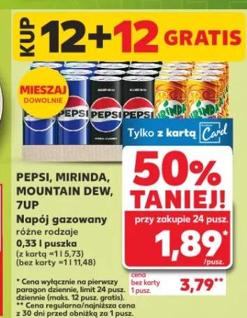 Napój gazowany różne rodzaje 0,33 l puszka (z kartą = 1 l 5,73) (bez karty = 1 l 11,48)