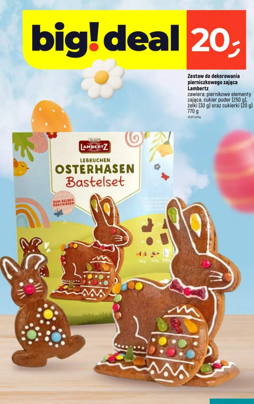 Zestaw do dekorowania pierniczkowego zająca zawiera: piernikowe elementy zająca, cukier puder (250 g), żelki (30 g) oraz cukierki (20 g)