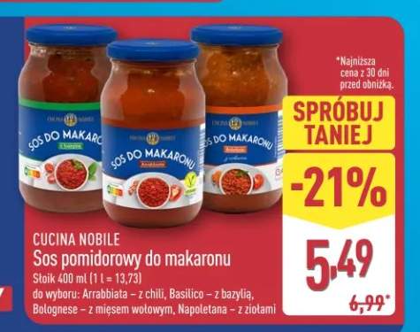 Sos pomidorowy do makaronu Arrabbiata z chili, Basilico z bazylią, Bolognese z mięsem wołowym, Napoletana z ziołami