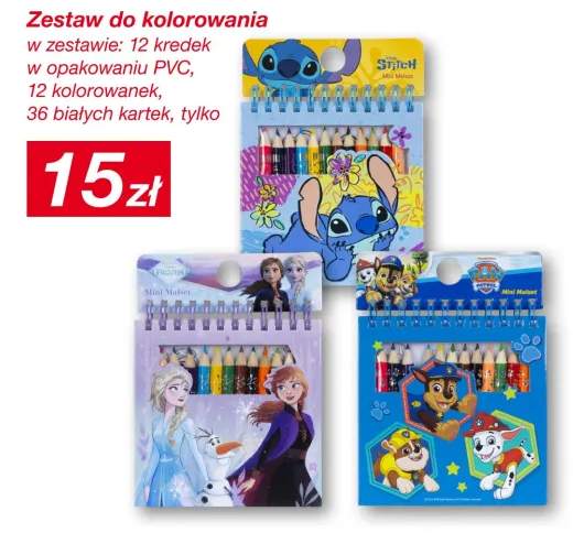 Zestaw do kolorowania w zestawie: 12 kredek w opakowaniu PVC, 12 kolorowanek, 36 białych kartek