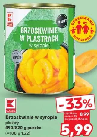 Brzoskwinie w syropie plastry 490/820 g puszka
