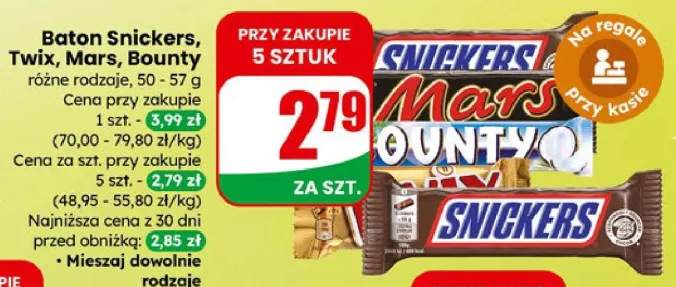 Baton Snickers, Twix, Mars, Bounty różne rodzaje
