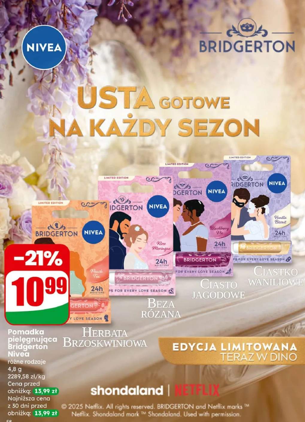 Pomadka pielęgnująca Bridgerton Nivea, różne rodzaje