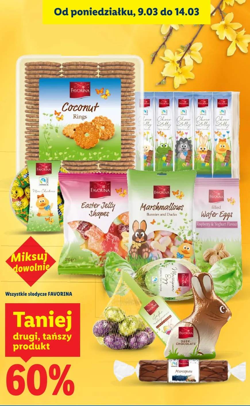 Słodycze (różne rodzaje: coconut rings, lolly, easter jelly shapes, marshmallows, wafer eggs, zajączek czekoladowy, marcepan)