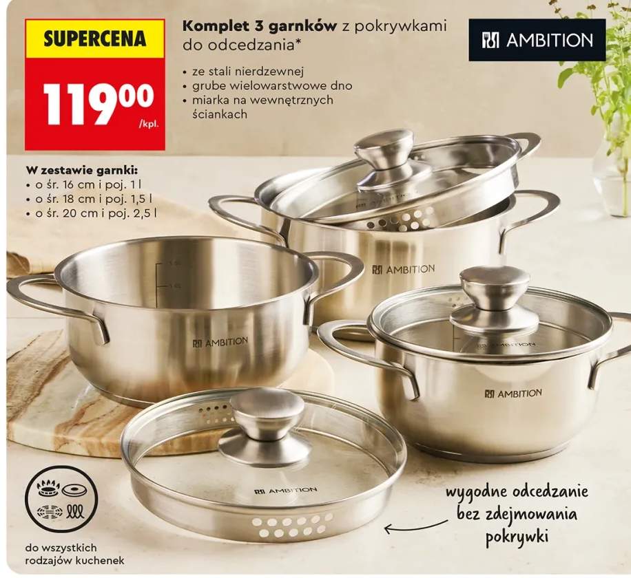 Komplet 3 garnków z pokrywkami do odcedzania