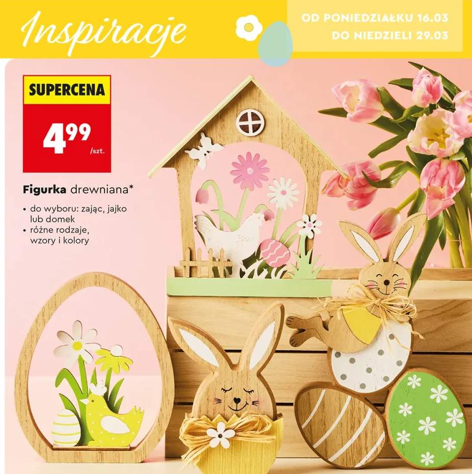 Figurka drewniana: zając, jajko lub domek, różne wzory i kolory