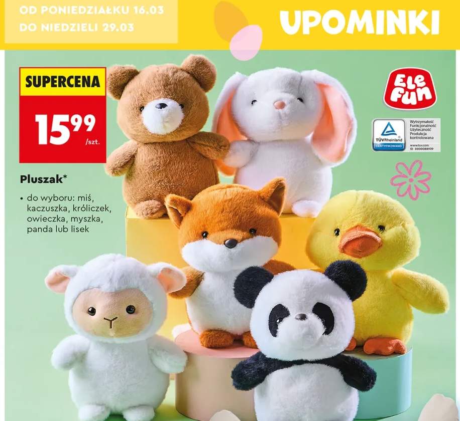 Pluszak do wyboru: miś, kaczuszka, króliczek, owieczka, myszka, panda lub lisek