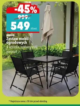 Zestaw mebli ogrodowych 4 krzesła, szklany stół, parasol