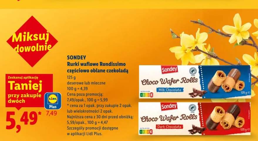 Rurki waflowe Rondissimo częściowo oblane czekoladą deserowe lub mleczne