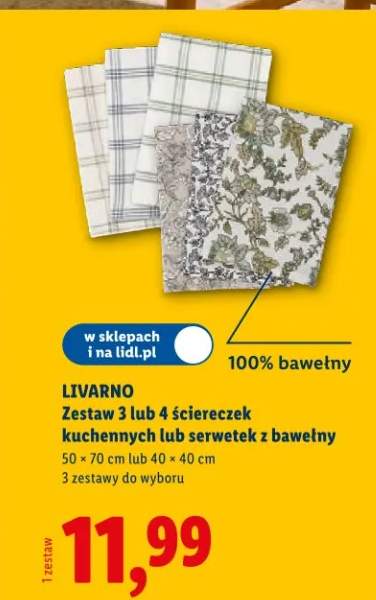 Zestaw 3 lub 4 ściereczek kuchennych lub serwetek z bawełny