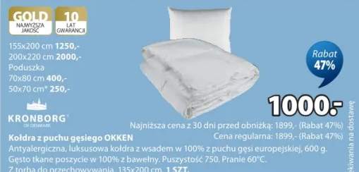Kołdra z puchu gęsiego Okken antyalergiczna, luksusowa w 100% z puchu gęsi europejskiej, gęsto tkane poszycie w 100% z bawełny Puszystość 760 135x200cm