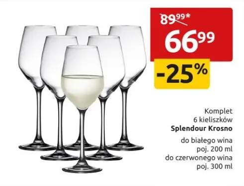 Komplet 6 kieliszków Splendour Krosno do białego wina poj. 200 ml do czerwonego wina poj. 300 ml