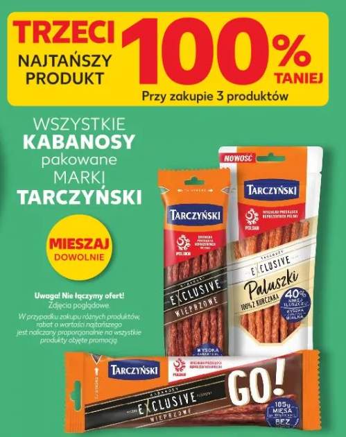 Kabanosy pakowane marki Tarczyński - trzeci najtańszy produkt 100% taniej przy zakupie 3 produktów
