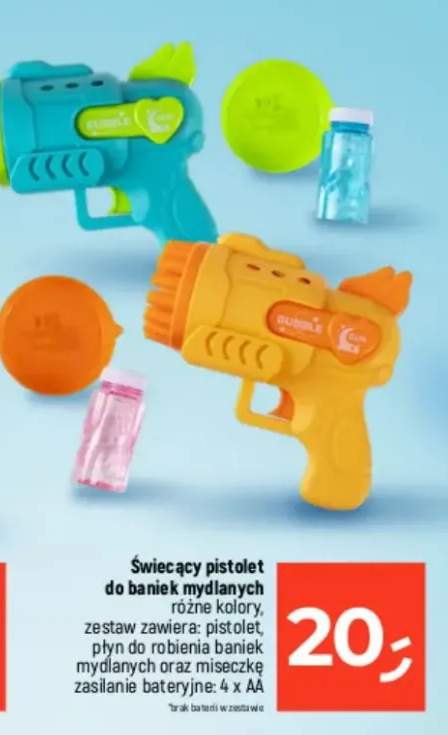Świecący pistolet do baniek mydlanych różne kolory zestaw zawiera: pistolet, płyn do robienia baniek mydlanych oraz miseczkę zasilanie bateryjne: 4 x AA
