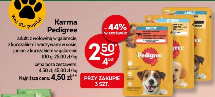Karma adult: z wołowiną w galarecie, z kurczakiem i warzywami w sosie, junior: z kurczakiem w galarecie