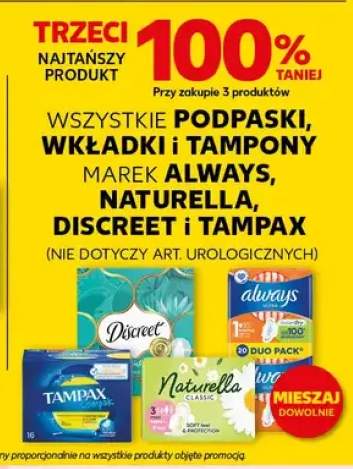Podpaski, wkładki i tampony marek Always, Naturella, Discreet i Tampax