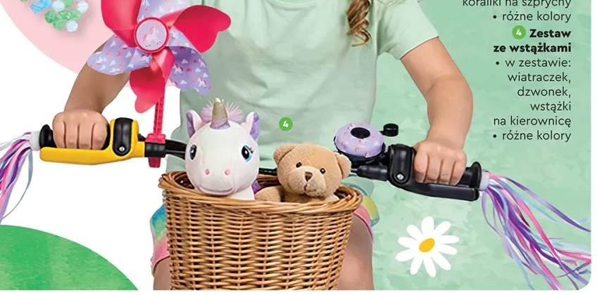 Zestaw z wstążkami: wiatraczek, dzwonek, wstążki na kierownicę, różne kolory