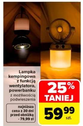 Lampka kempingowa z funkcją wentylatora, powerbanku z możliwością podwieszenia