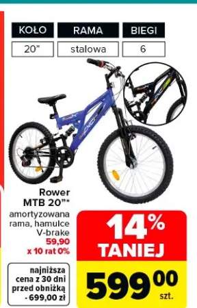 Rower MTB 20" amortyzowana rama, hamulce V-brake